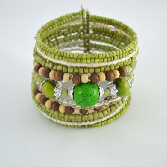 Green Shimmery Beaded Cuff Bracelet