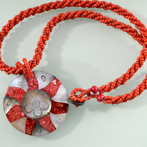 Mother of Pearl and Red Coral Sunflower Necklace