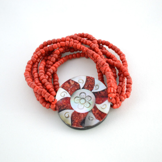 Mother of Pearl and Red Coral Stretchy Bracelet