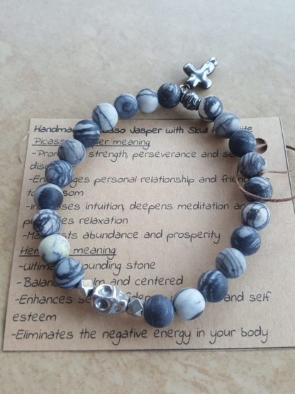 Handmade Picasso Jasper Bracelet with Skull Hematite