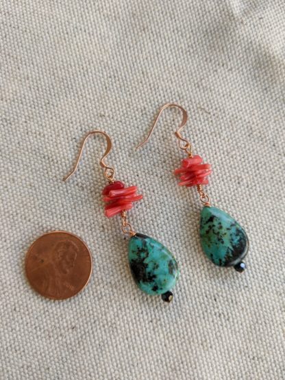 Handmade Teardrop Turquoise and Stick Corrals Earrings - Image 3