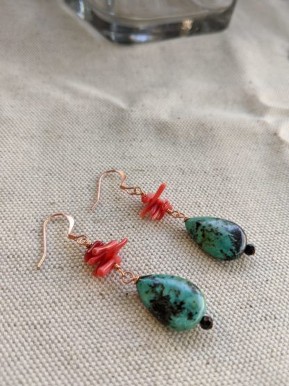 Handmade Teardrop Turquoise and Stick Corrals Earrings - Image 4