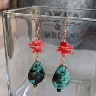Handmade Teardrop Turquoise and Stick Corrals Earrings