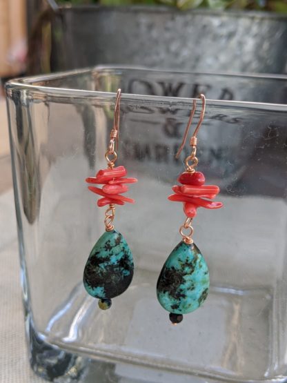 Handmade Teardrop Turquoise and Stick Corrals Earrings