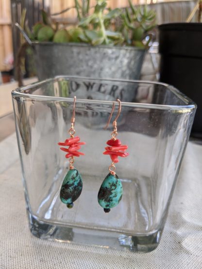 Handmade Teardrop Turquoise and Stick Corrals Earrings - Image 2