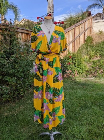 Bright Yellow Tropical Dress with Pockets