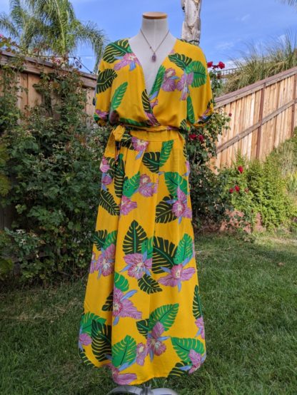 Bright Yellow Tropical Dress with Pockets - Image 3