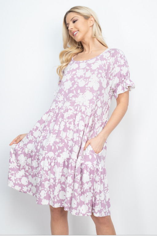 Tiered Floral Dress Lavender Off White Color with Ruffle Sleeve – Bali ...