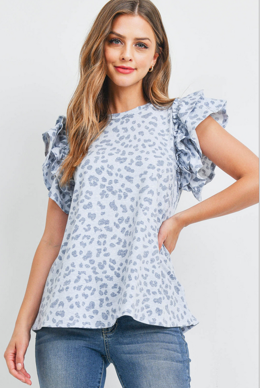 Layered Ruffle Sleeve Leopard Blue and Gray Top – Bali Mantra