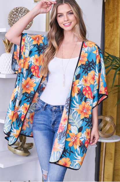 Hawaiian Blue Floral Print Open Front Kimono - Image 5