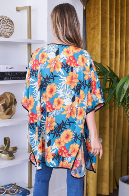 Hawaiian Blue Floral Print Open Front Kimono - Image 4