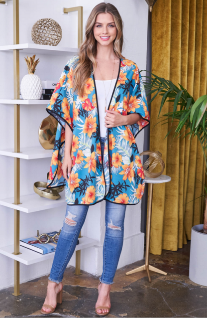 Hawaiian Blue Floral Print Open Front Kimono