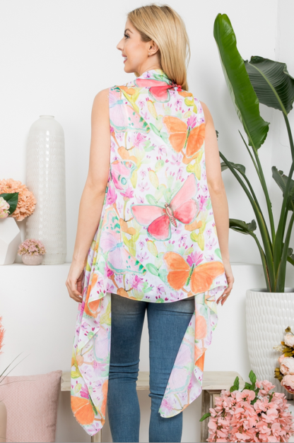 Pink Butterfly and Flower Open Front Kimono Vest - Image 3