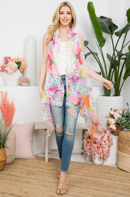 Pink Butterfly and Flower Open Front Kimono Vest - Image 6