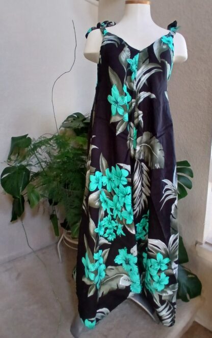 Stunning Black and Turquoise Hawaiian Jumpsuit with Adjustable Shoulder Strap