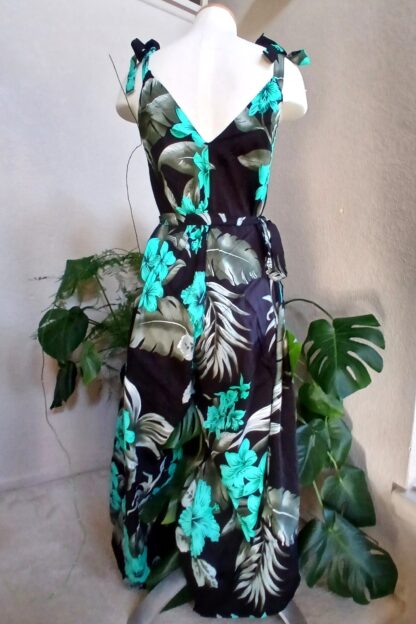 Stunning Black and Turquoise Hawaiian Jumpsuit with Adjustable Shoulder Strap - Image 2